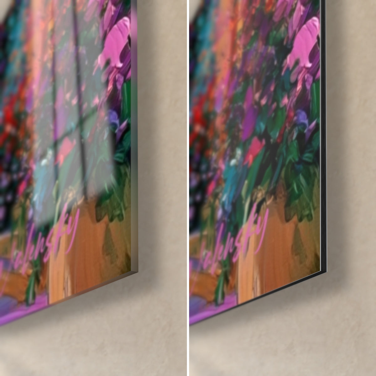 Wall art of a teen on a skateboard, purple flowers and green leaves in brushstrokes, bottom right corner, glossy acrylic and matte Dibond