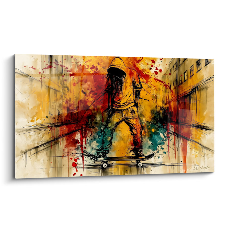 Tableau Skateur encapuchonné jaune et rouge en éclaboussures - Capuche ruisselante noire - Edition Skateboard