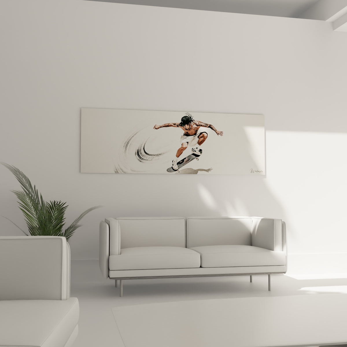 Figure suspendue en plein saut, tons beige et gris, tableau Skateboard au-dessus d'un canapé dans un salon lumineux