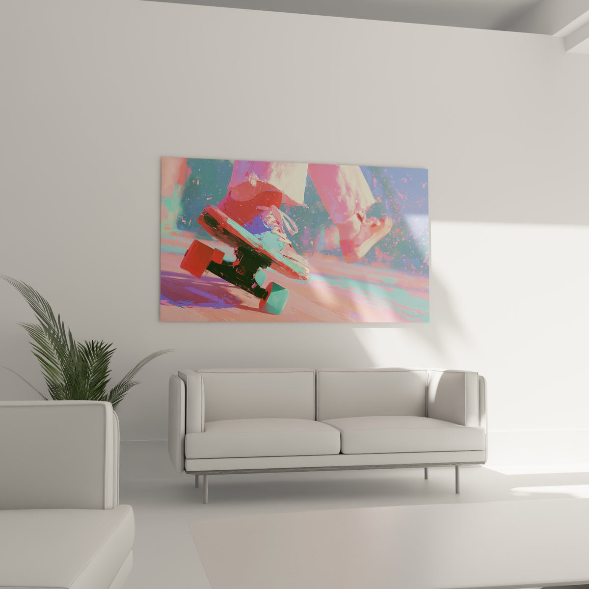 Jambes en pleine envolée sur fond rose et bleu pastel au-dessus d'un canapé dans un salon lumineux
