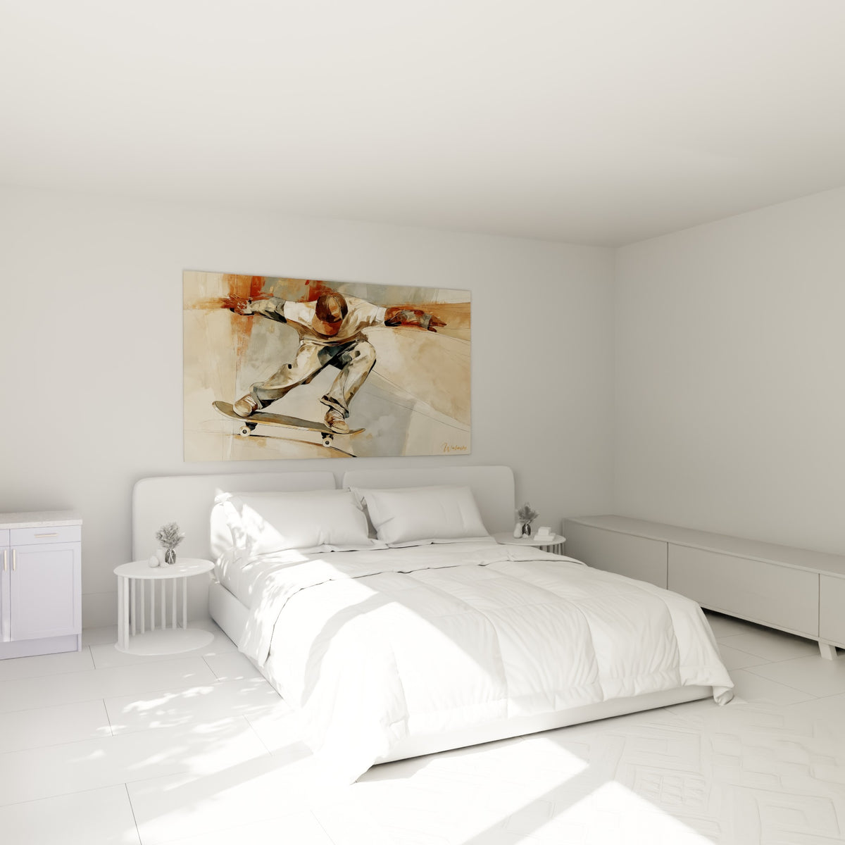 Figure de skateur suspendue en équilibre, nuances beige et ocre, au-dessus d'un lit dans une chambre claire