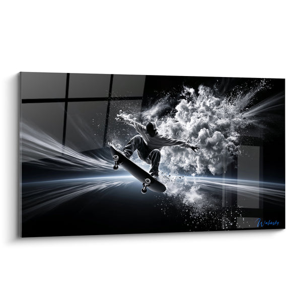 Tableau Skateur noir et blanc en explosion de fumée - Saut explosif - Edition Skateboard