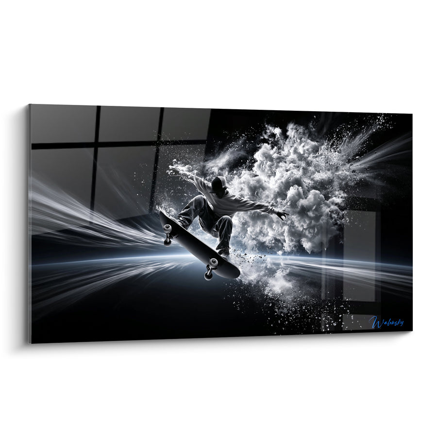Tableau Skateur noir et blanc en explosion de fumée - Saut explosif - Edition Skateboard