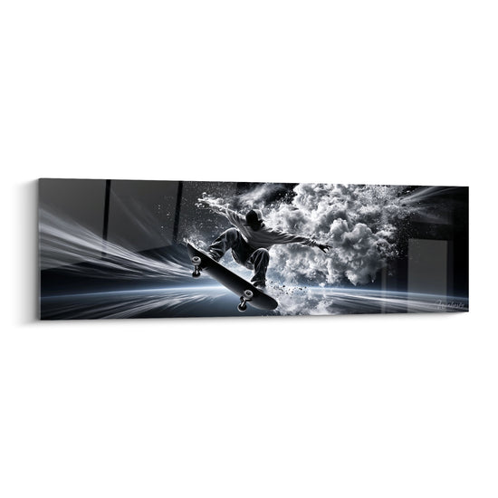 Tableau Skateur gris et blanc explosant de fumée - Traînées de lumière - Edition Skateboard