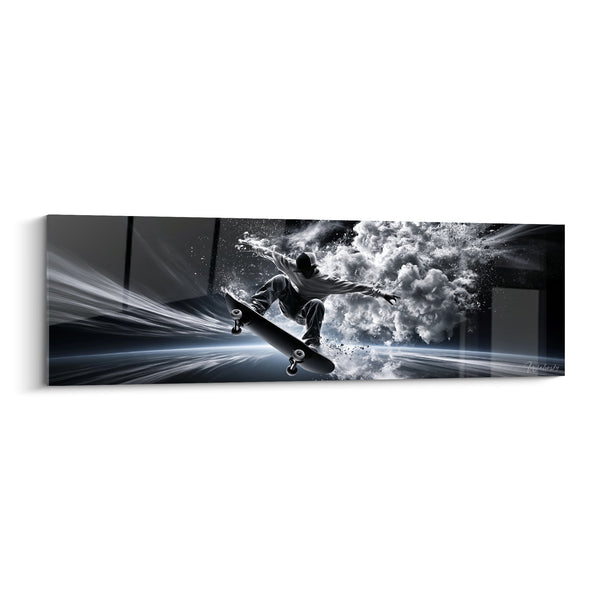 Tableau Skateur gris et blanc explosant de fumée - Traînées de lumière - Edition Skateboard