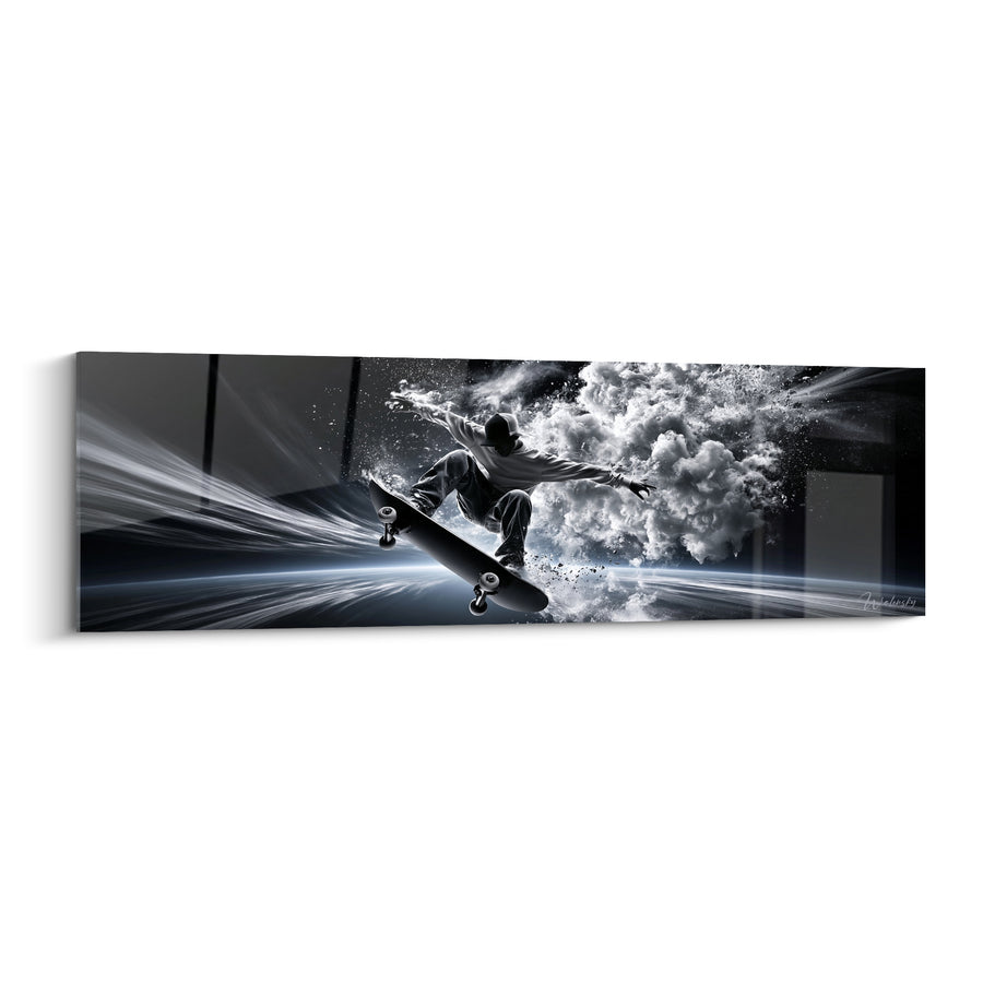 Tableau Skateur gris et blanc explosant de fumée - Traînées de lumière - Edition Skateboard