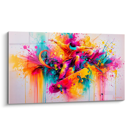 Tableau Skateur en explosion de peinture multicolore - Envol coloré - Edition Skateboard