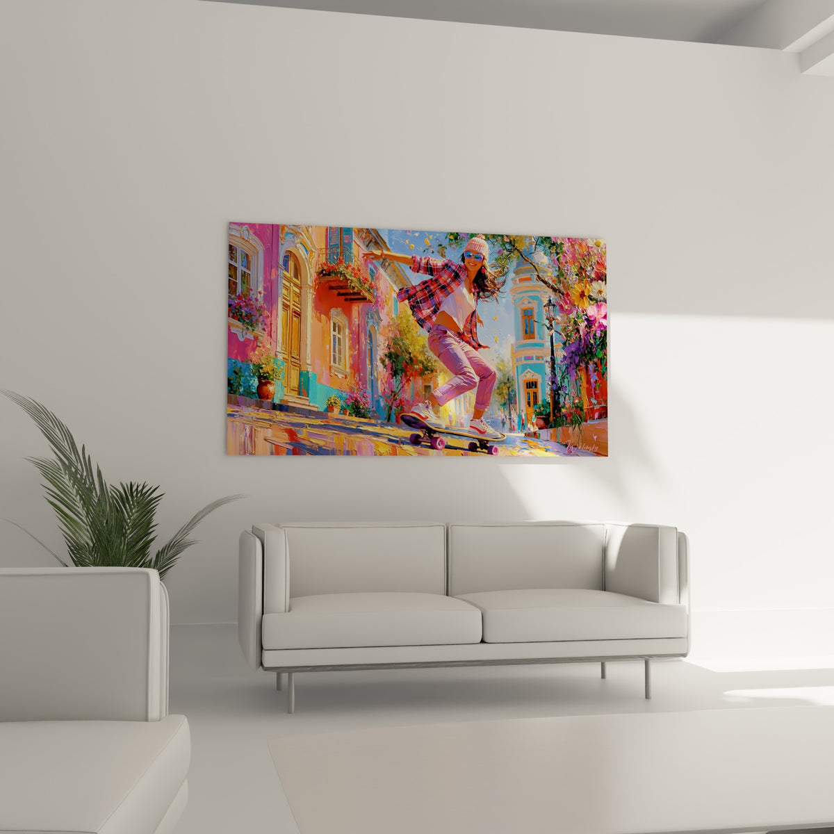 Silhouette dynamique en rose et violet au-dessus d'un canapé dans un salon lumineux
