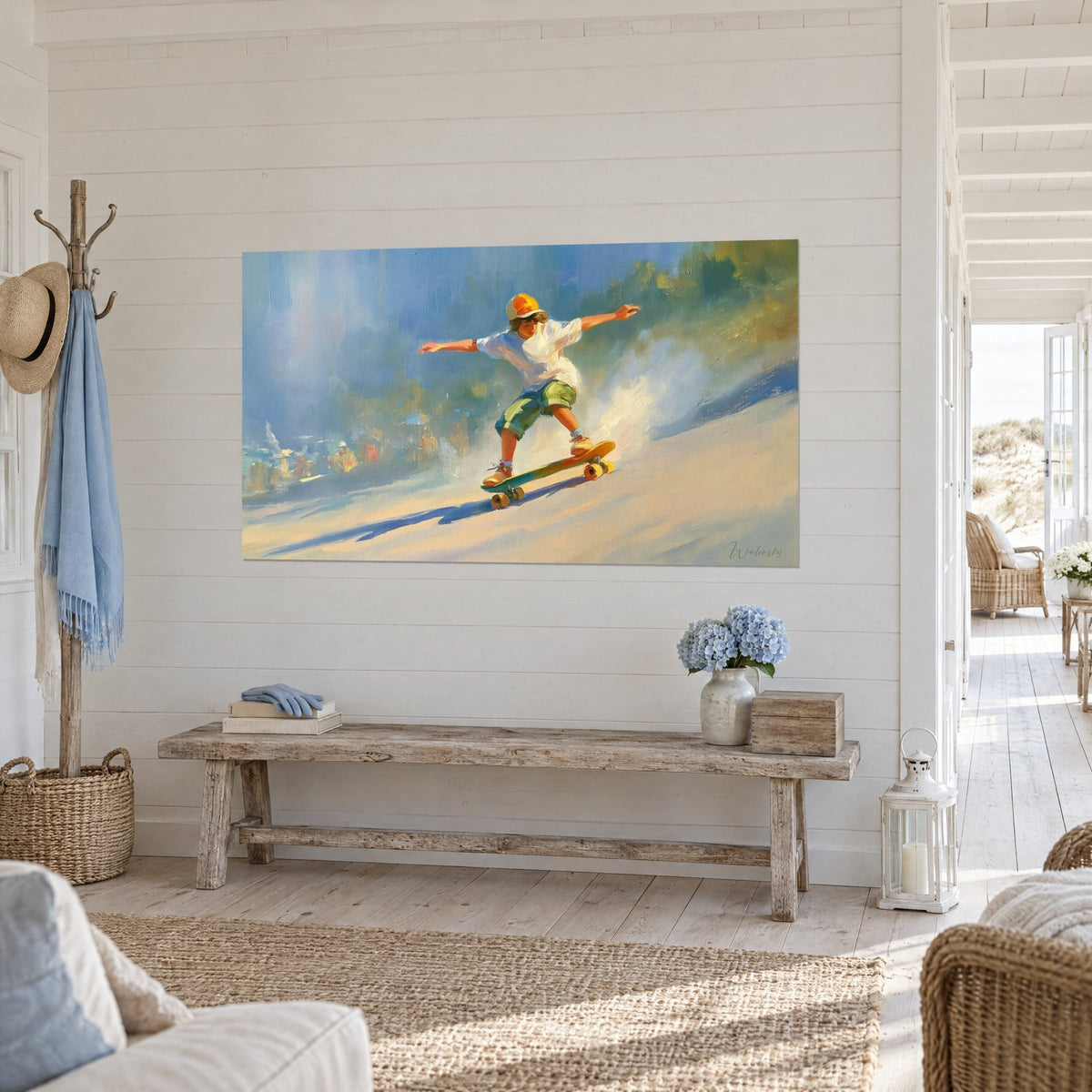 Tableau garçon glissant sur sa planche à roulettes jaune, t-shirt blanc, fond bleu et vert, mur blanc près d'une entrée