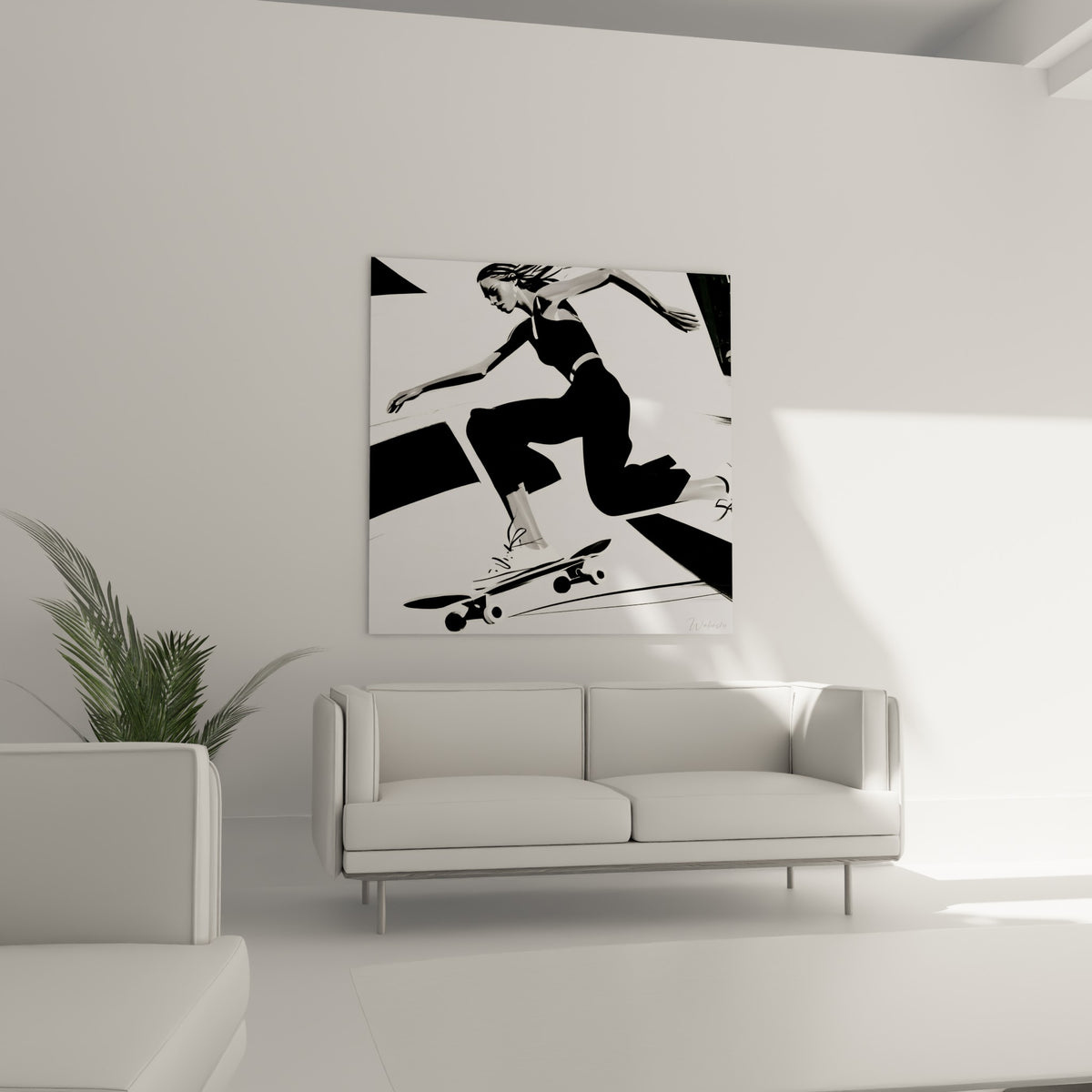 Figure de skateboard en plein élan, tons noirs et blancs, disposée au-dessus d'un canapé dans un salon lumineux