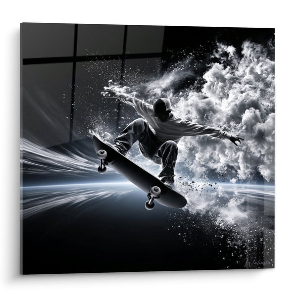Tableau Skateur noir et blanc dans un nuage de fumée - Envol fulgurant - Edition Skateboard