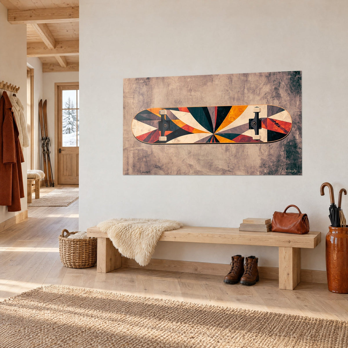 Tableau deck de skateboard aux rayons orange et anthracite sur fond grège, accroché près d'un banc en bois dans l'entrée du chalet