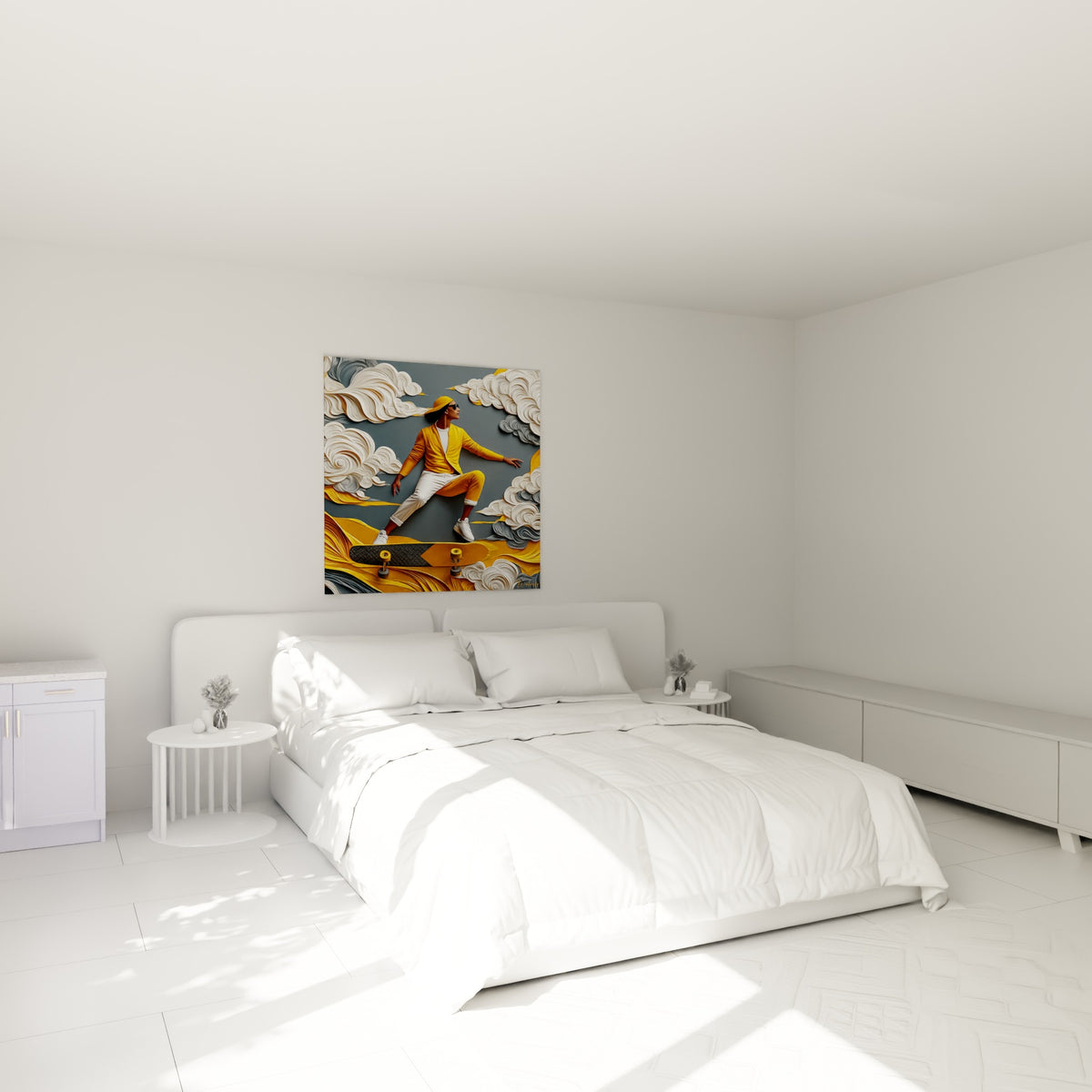 Personnage doré en pleine glisse sur fond anthracite, au-dessus d'un lit dans une chambre claire