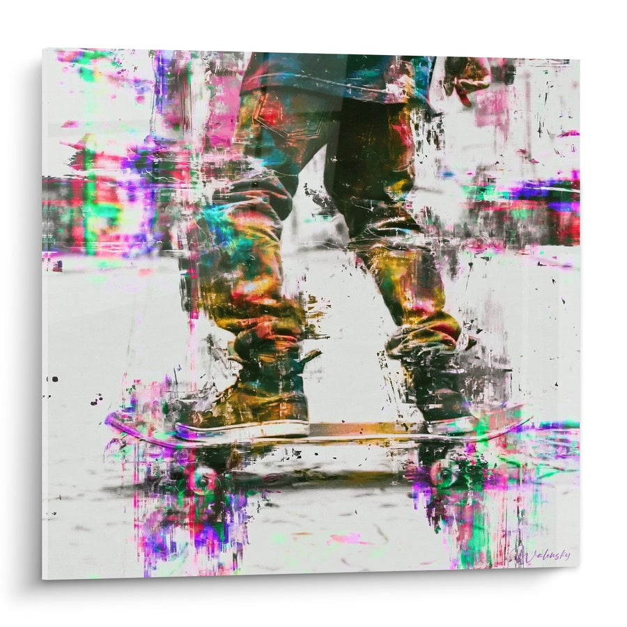 Tableau Skateur jambes glitch rose turquoise - Instant suspendu - Edition Skateboard
