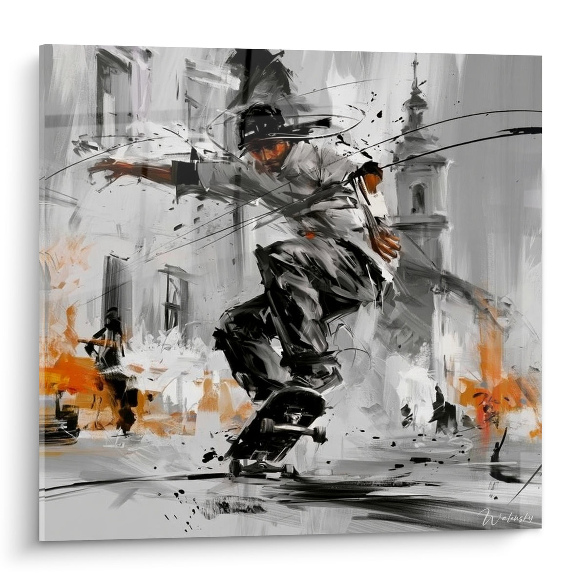 Skateur gris et noir en figure aérienne, touches orange vif, décor architectural estompé