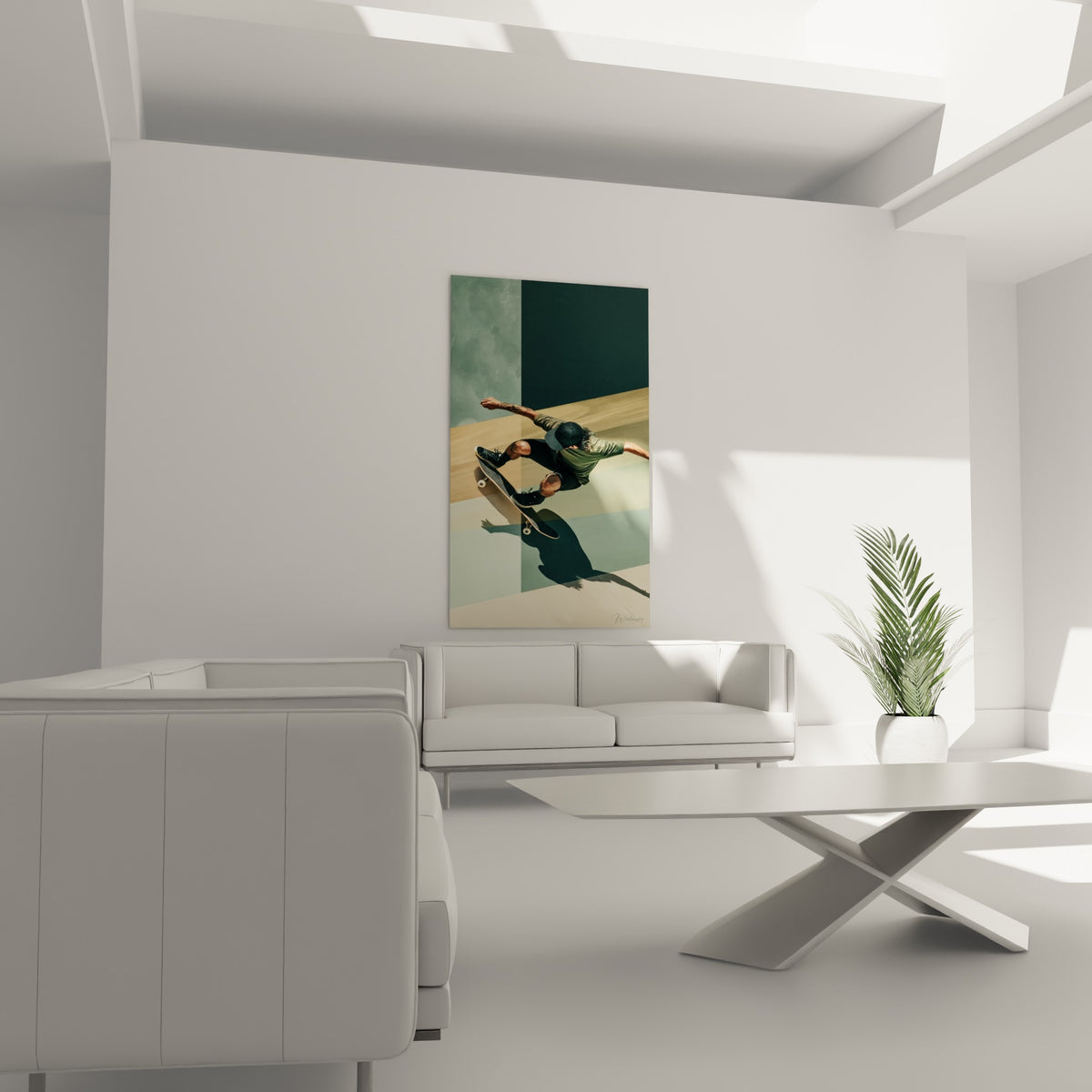 Silhouette inclinée bras tendu, tableau skateboard vert sauge et anthracite au-dessus d'un canapé dans un salon lumineux