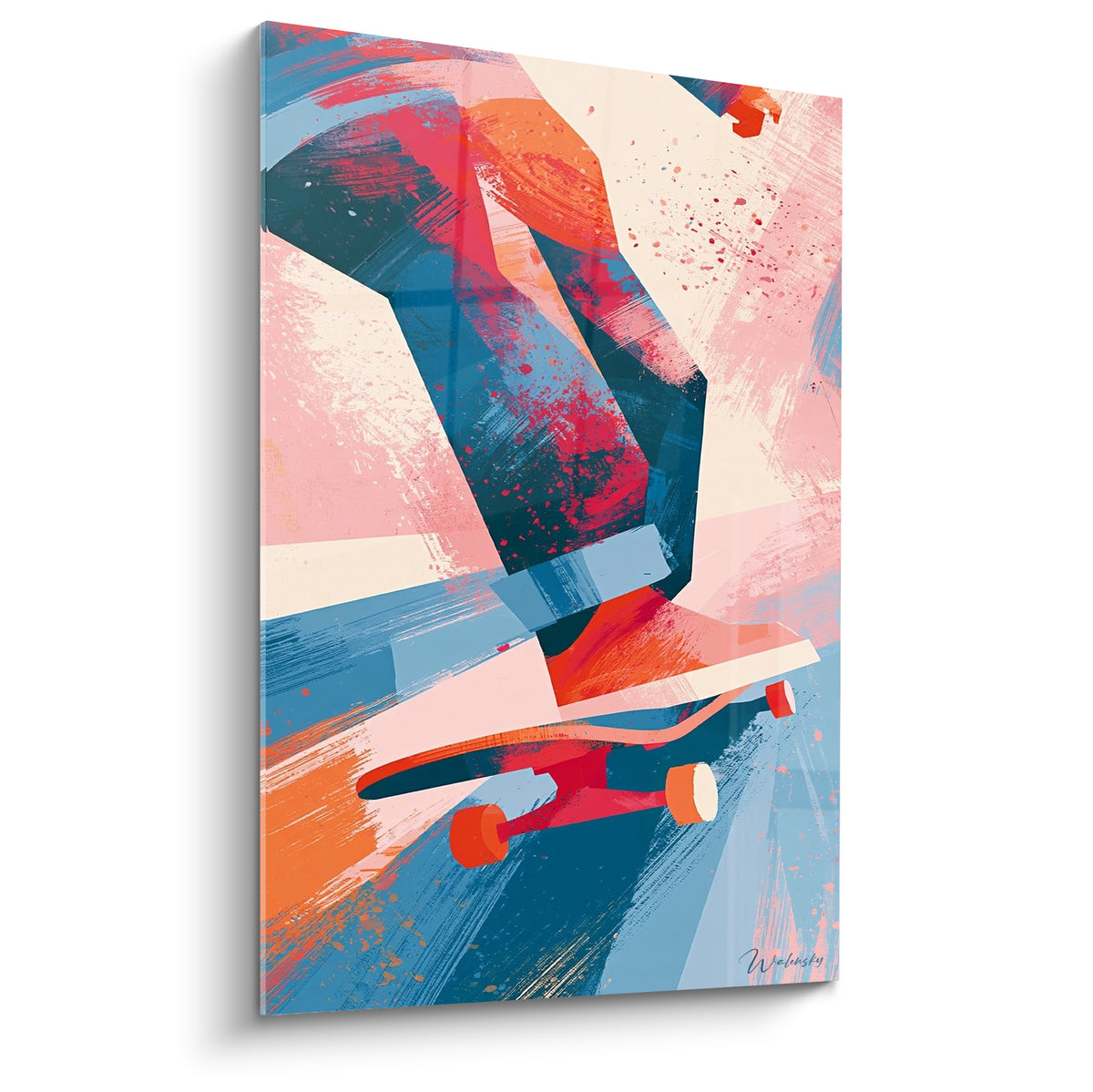 Skateboard en pleine impulsion, jambe bleu marine et orange vif, éclaboussures roses sur fond blanc cassé