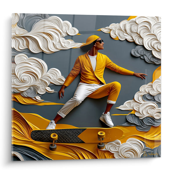 Tableau Skateur doré parmi nuages sculptés - Envol céleste - Edition Skateboard