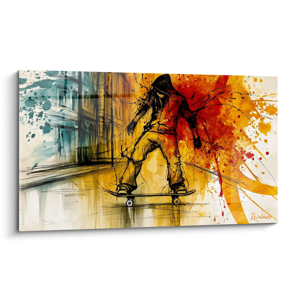 Tableau Skateur penché jaune et rouge sur façade turquoise - Éclaboussures d'encre urbaines - Edition Skateboard
