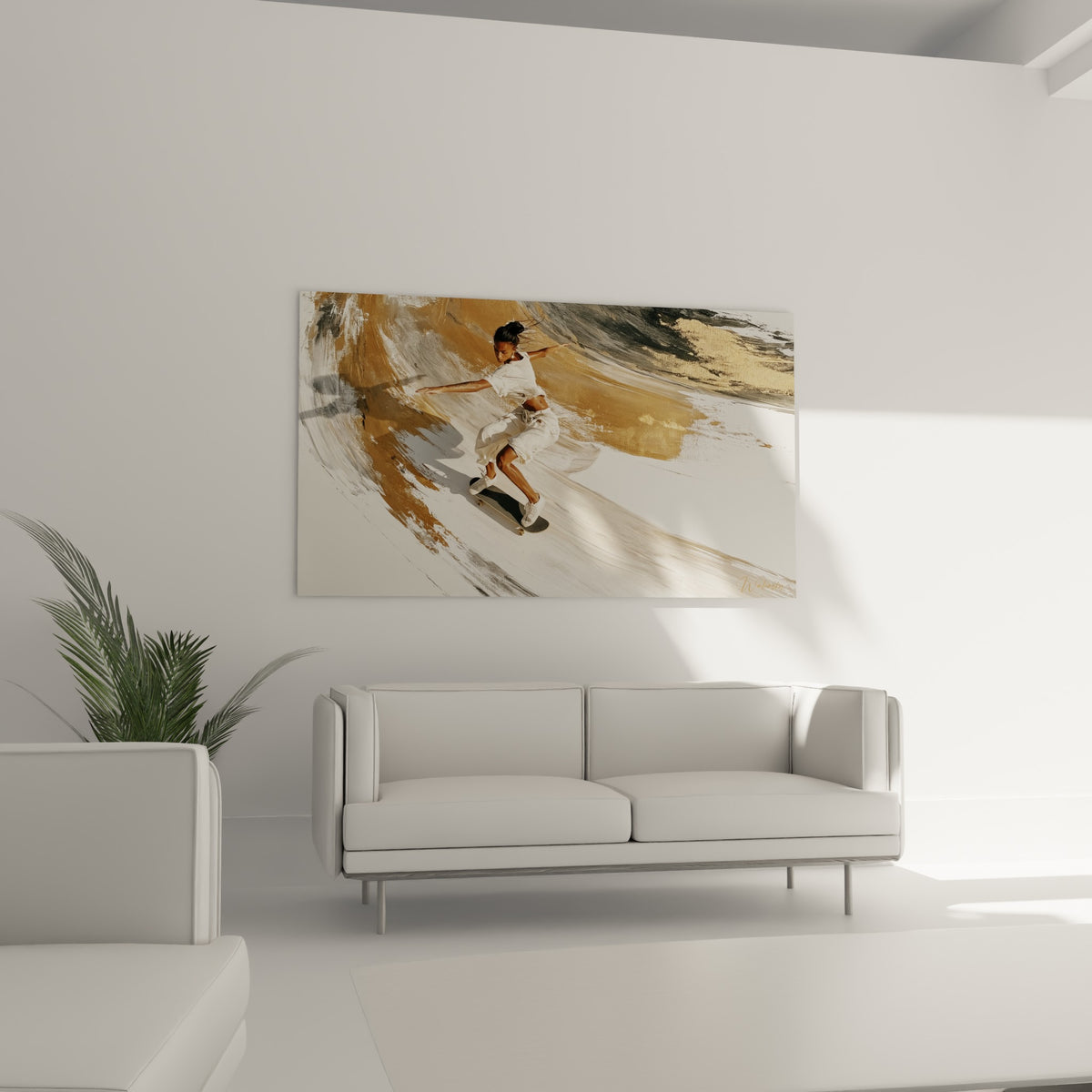 Silhouette en mouvement sur planche, tons blancs et dorés, au-dessus d'un canapé dans un salon lumineux