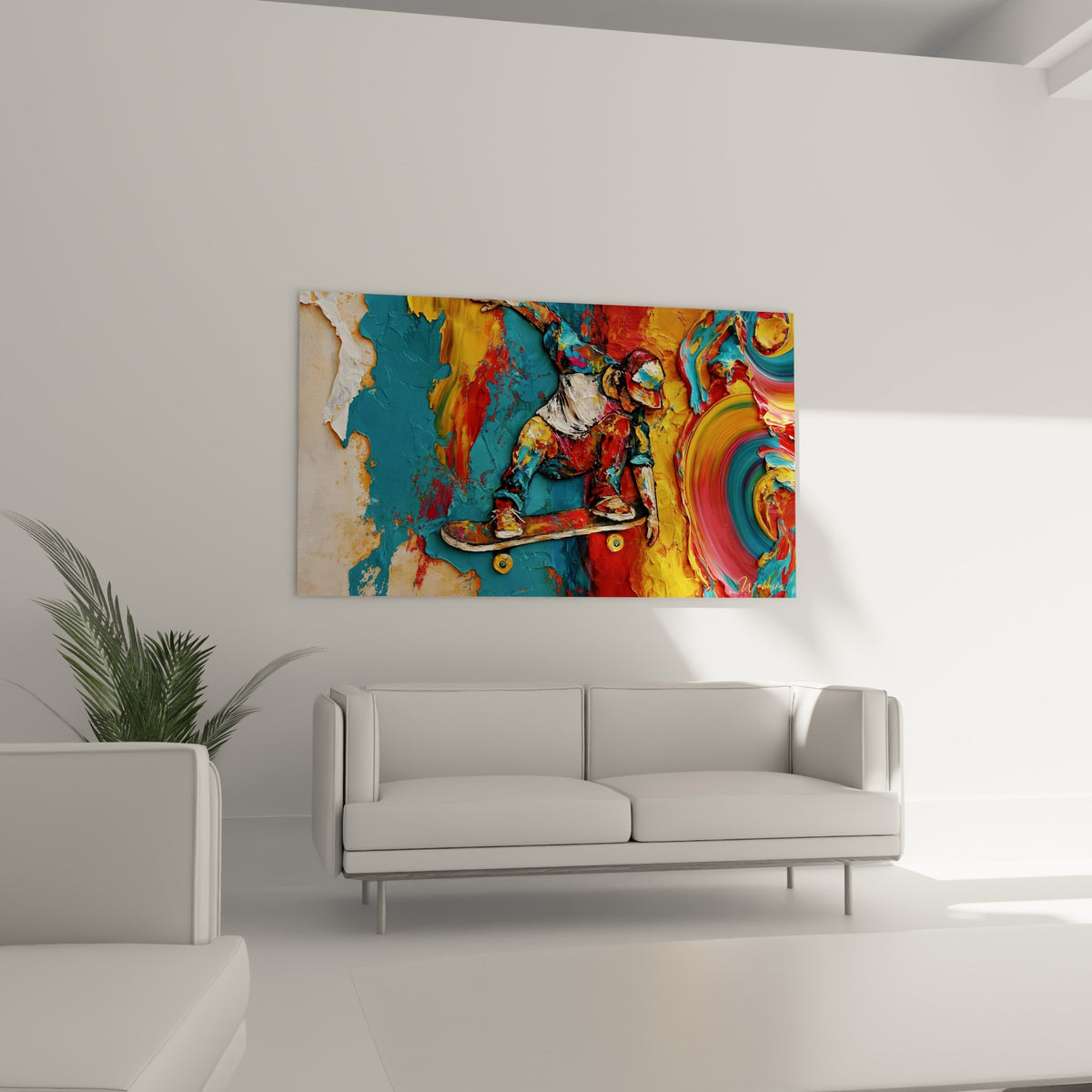 Figure de skate saisie en mouvement, tons rouge fauve et turquoise, au-dessus d'un canapé dans un salon lumineux