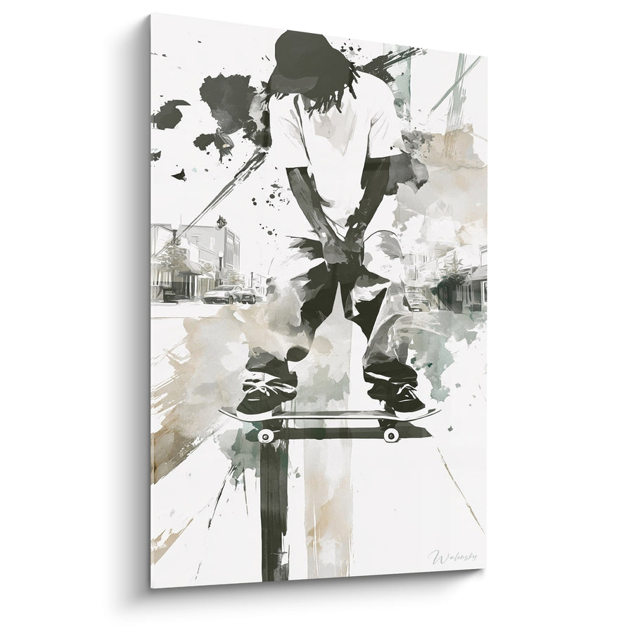 Tableau Skateur noir et beige penché en avant - Rue en arrière-plan - Edition Skateboard