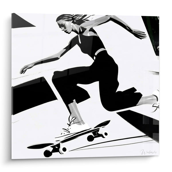 Tableau Skateuse noir et blanc en plein saut - Élan suspendu - Edition Skateboard
