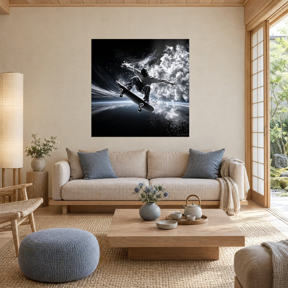 Tableau skateur en plein envol, cap noir et pull gris clair, dans un nuage de fumée blanche, au-dessus d'un canapé dans un salon lumineux
