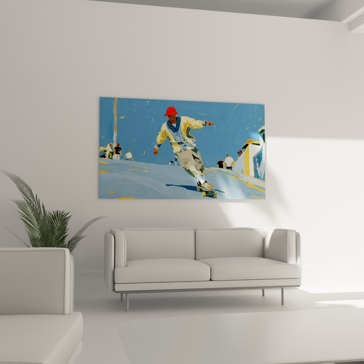 Skateboard aux couleurs ocre et bleu marine accroché au-dessus d'un canapé dans un salon lumineux