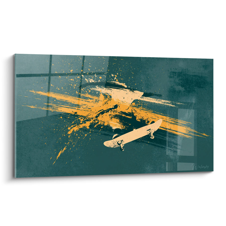 Tableau Skateur vert sarcelle et orange en éclaboussures picturales - Silhouette dissoute en peinture - Edition Skateboard