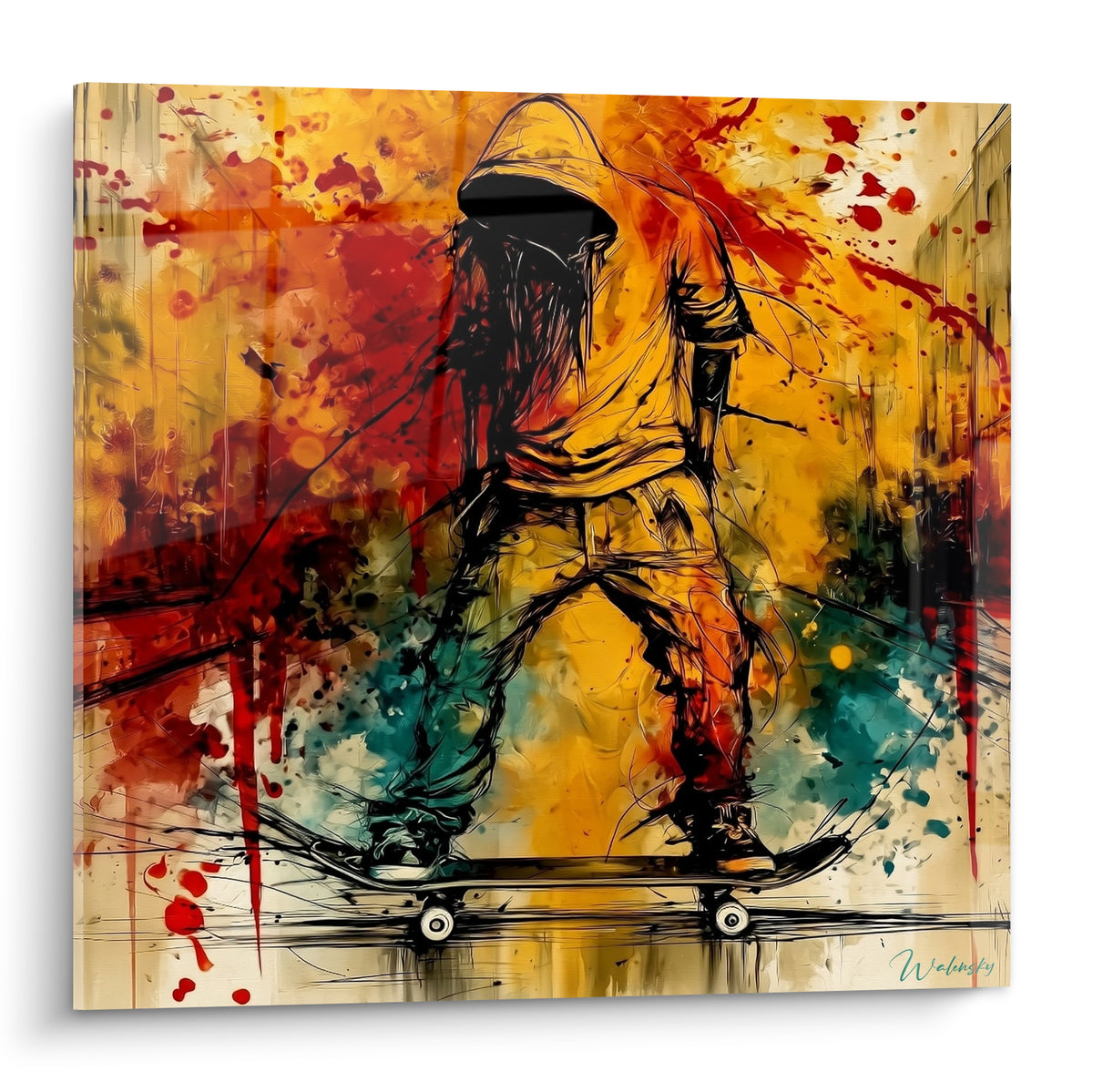 Skateur encapuchonné en ocre et rouge, silhouette noire esquissée sur planche à roulettes