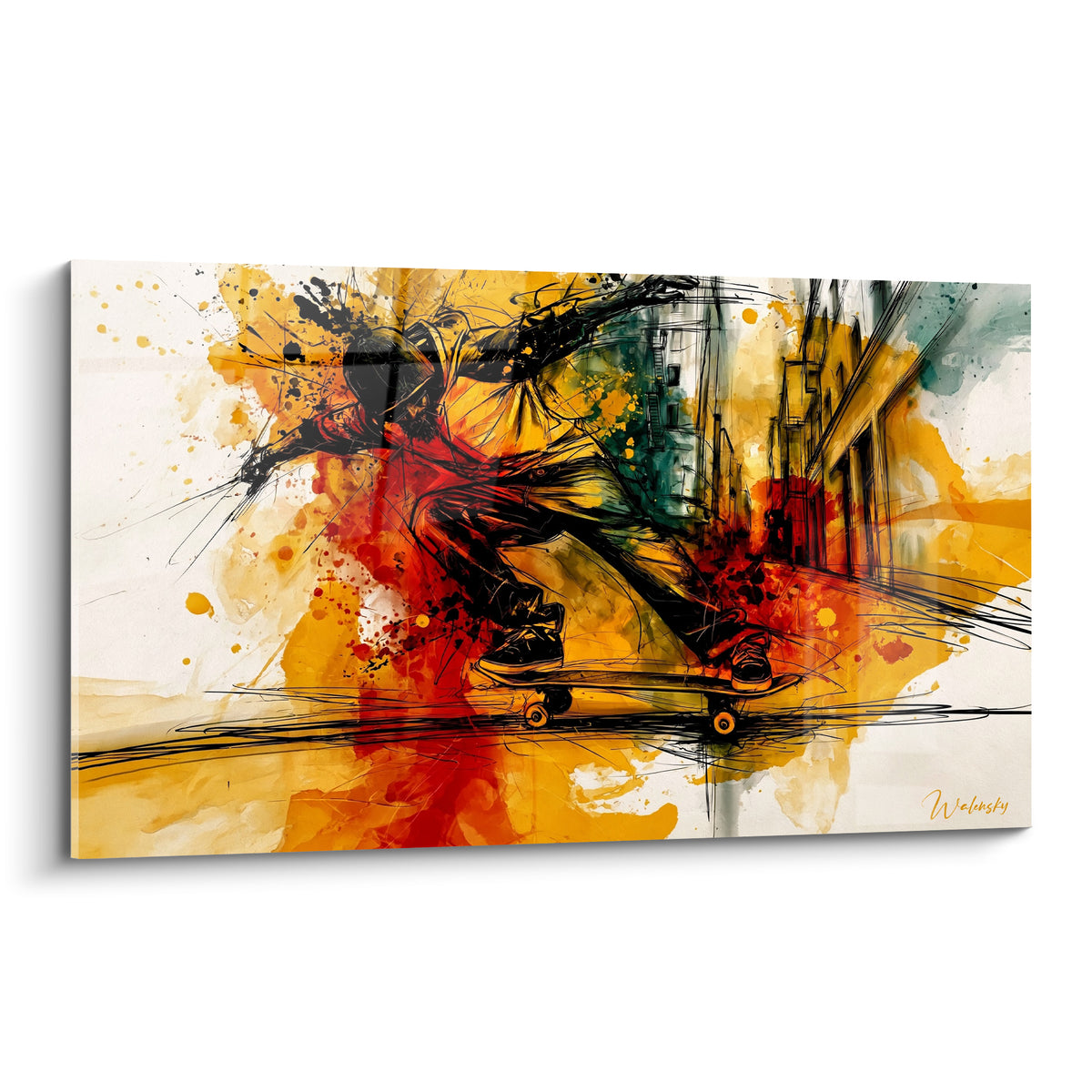 Skateur en saut, traits noirs sur fond ocre et rouge, éclaboussures picturales urbaines