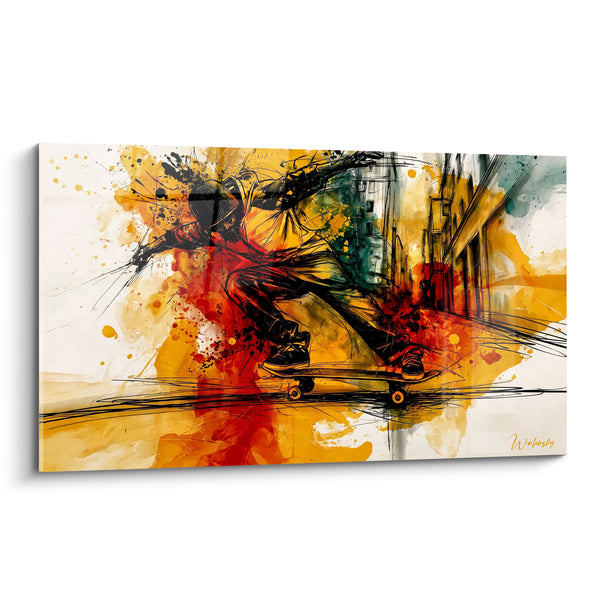 Tableau Skateur ocre et rouge en action urbaine - Saut suspendu - Edition Skateboard