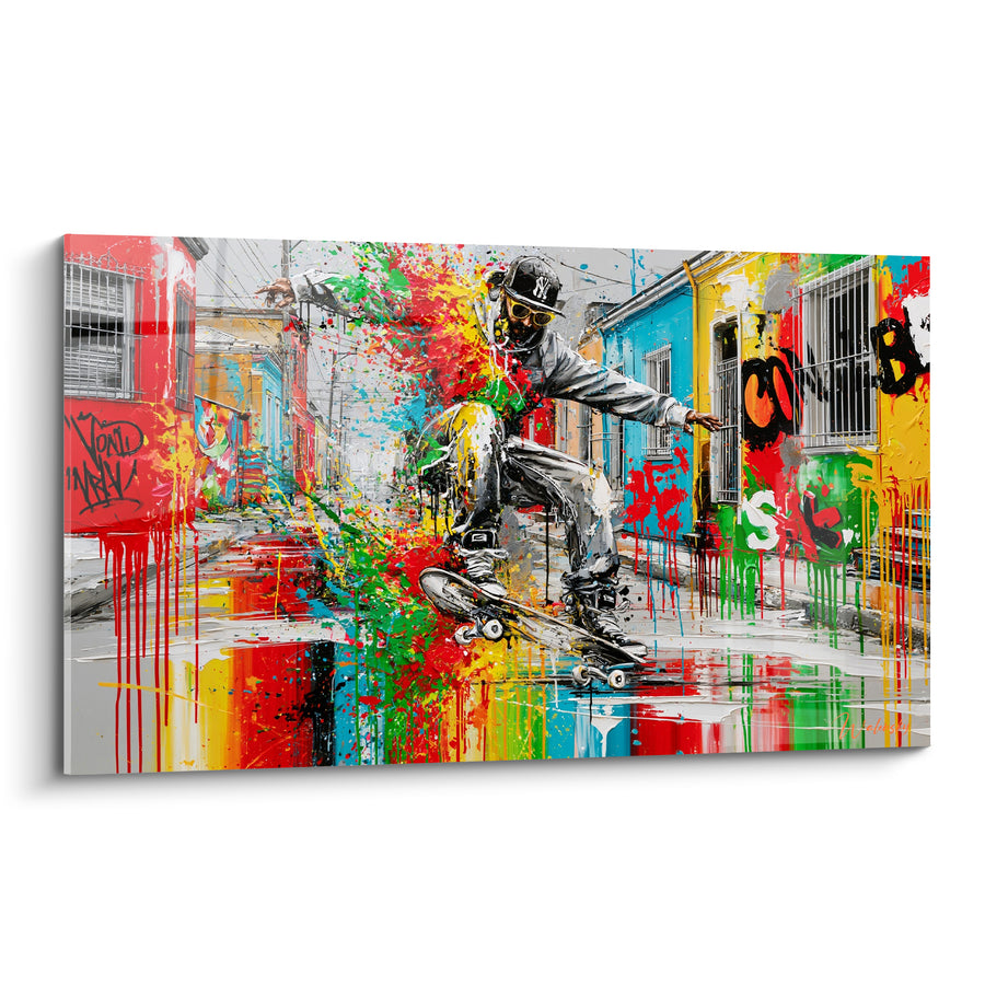 Tableau Skateur ollie rue rouge et bleue - Saut dans la ruelle - Edition Skateboard
