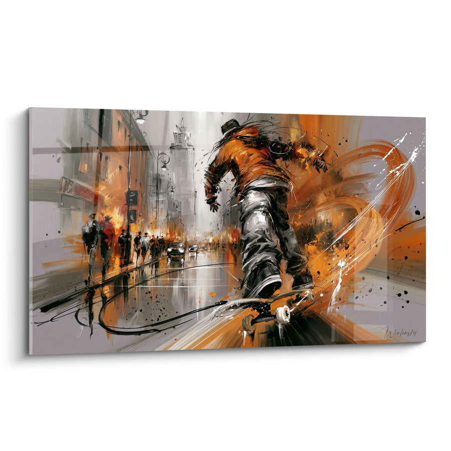 Tableau Skateur orange et gris dévalant une avenue animée - Passants au loin - Edition Skateboard