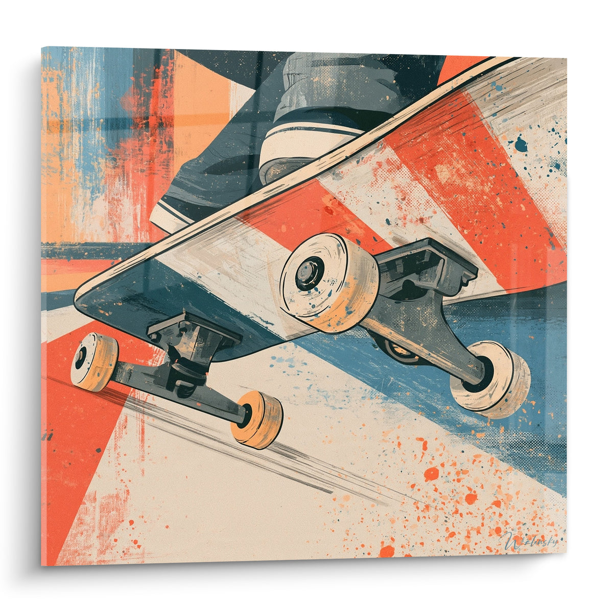 Skateboard basculé aux roues orangées, bandes bleu marine et éclaboussures crème en plein envol