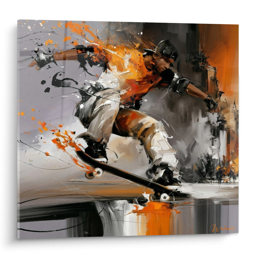 Tableau Skateur en action orange et anthracite - Envol urbain - Edition Skateboard