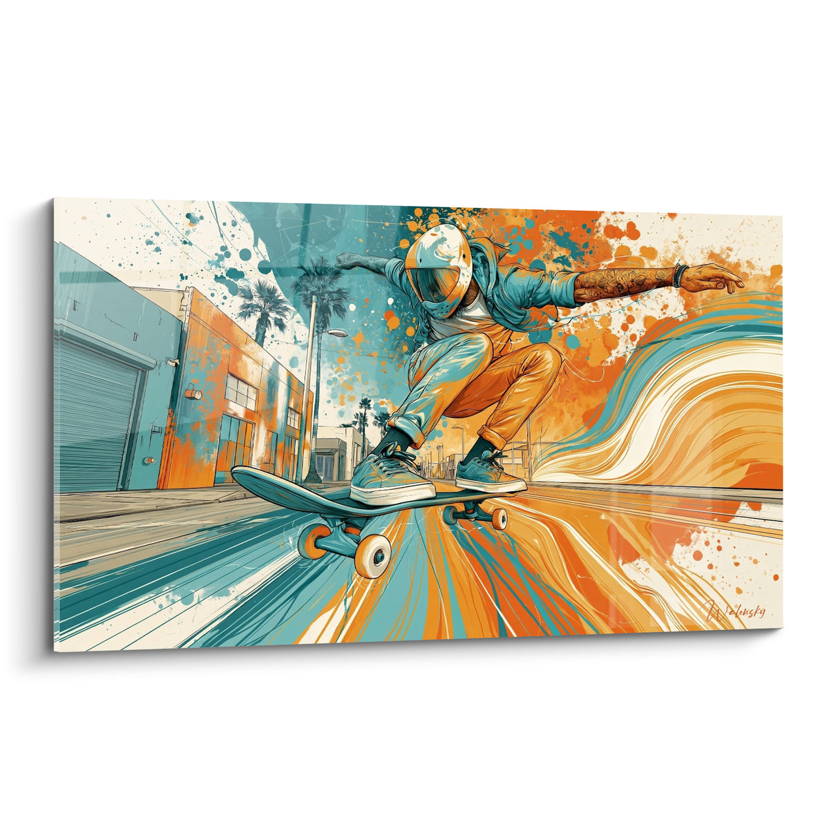 Skateur casqué en pleine impulsion, éclaboussures turquoise et orange sur fond urbain graphique