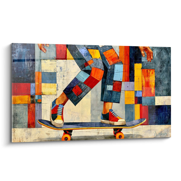 Tableau Skateur en jean patchwork bleu orangé - Élan citadin - Edition Skateboard