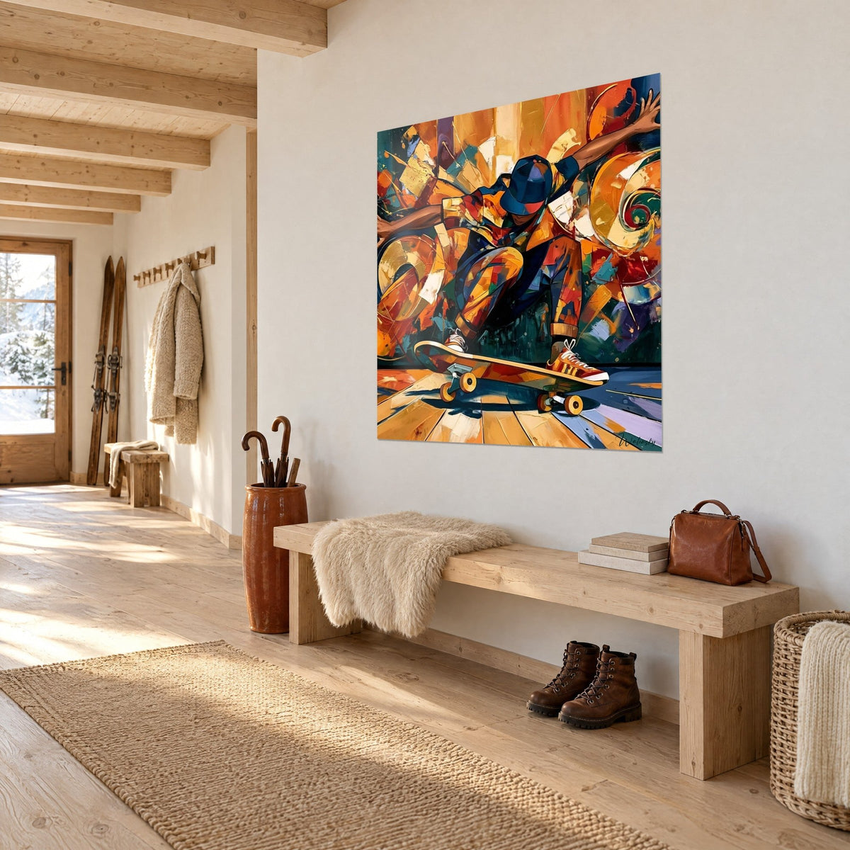 Tableau planchiste en vol, bras écartés, pantalon patchwork orange et vert, lattes dorées du sol, dans une entrée en bois clair