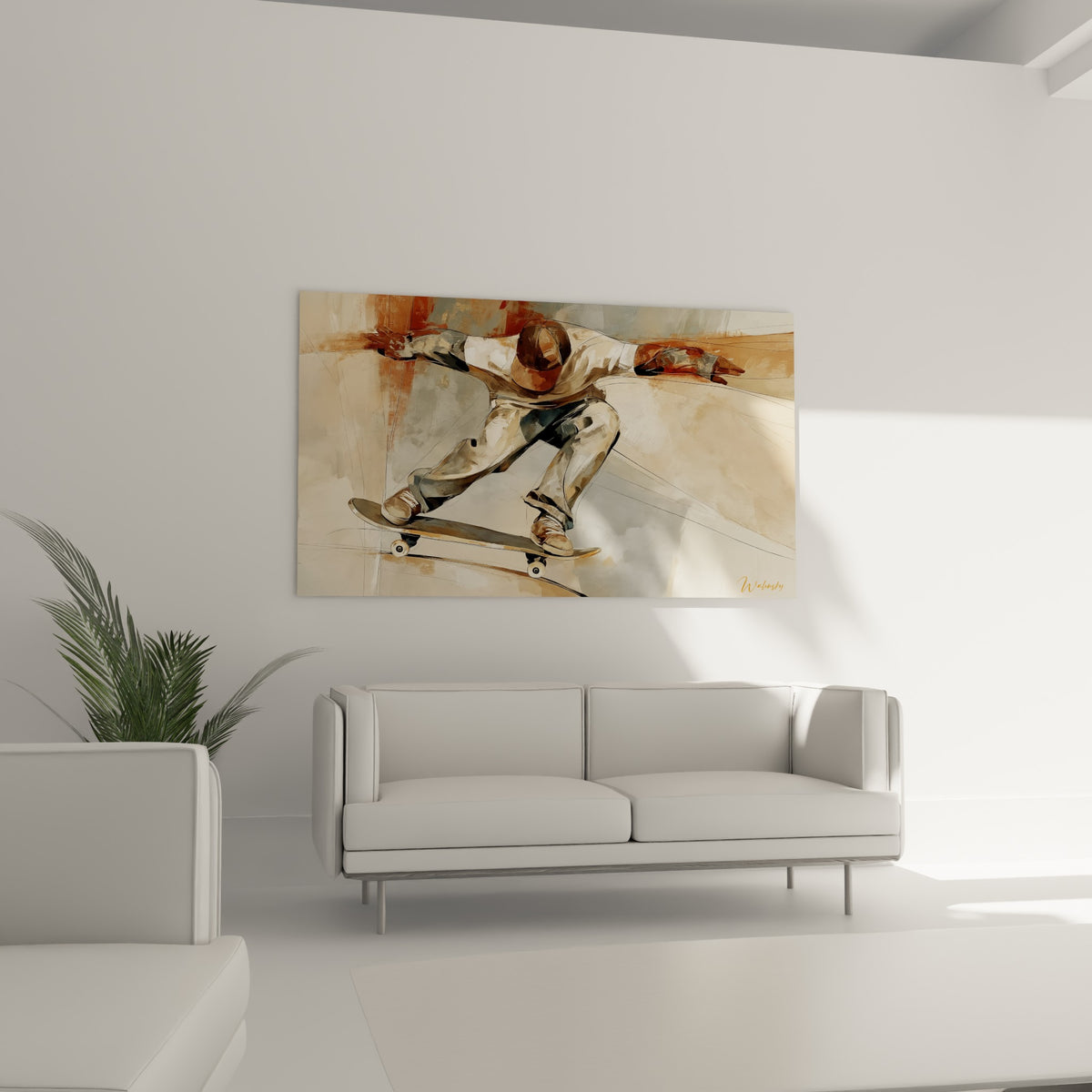 Planche et jambes fléchies du skateur, dominante grise et beige, au-dessus d'un canapé dans un salon lumineux