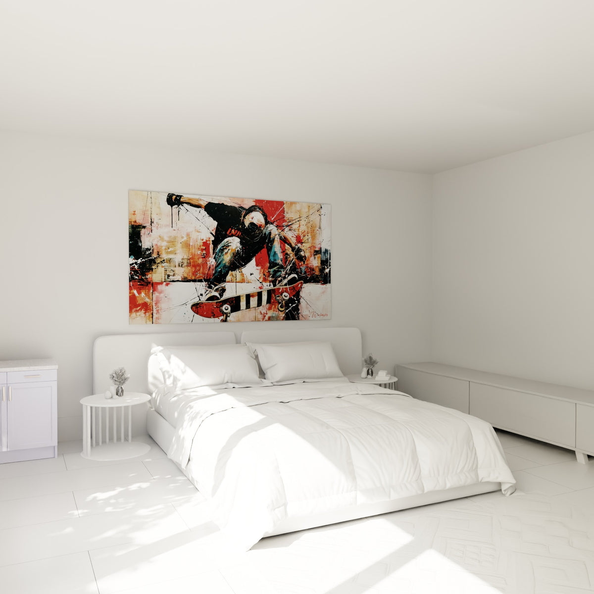 Sauteur anthracite et rouge sur planche rayée, au-dessus d'un lit dans une chambre claire