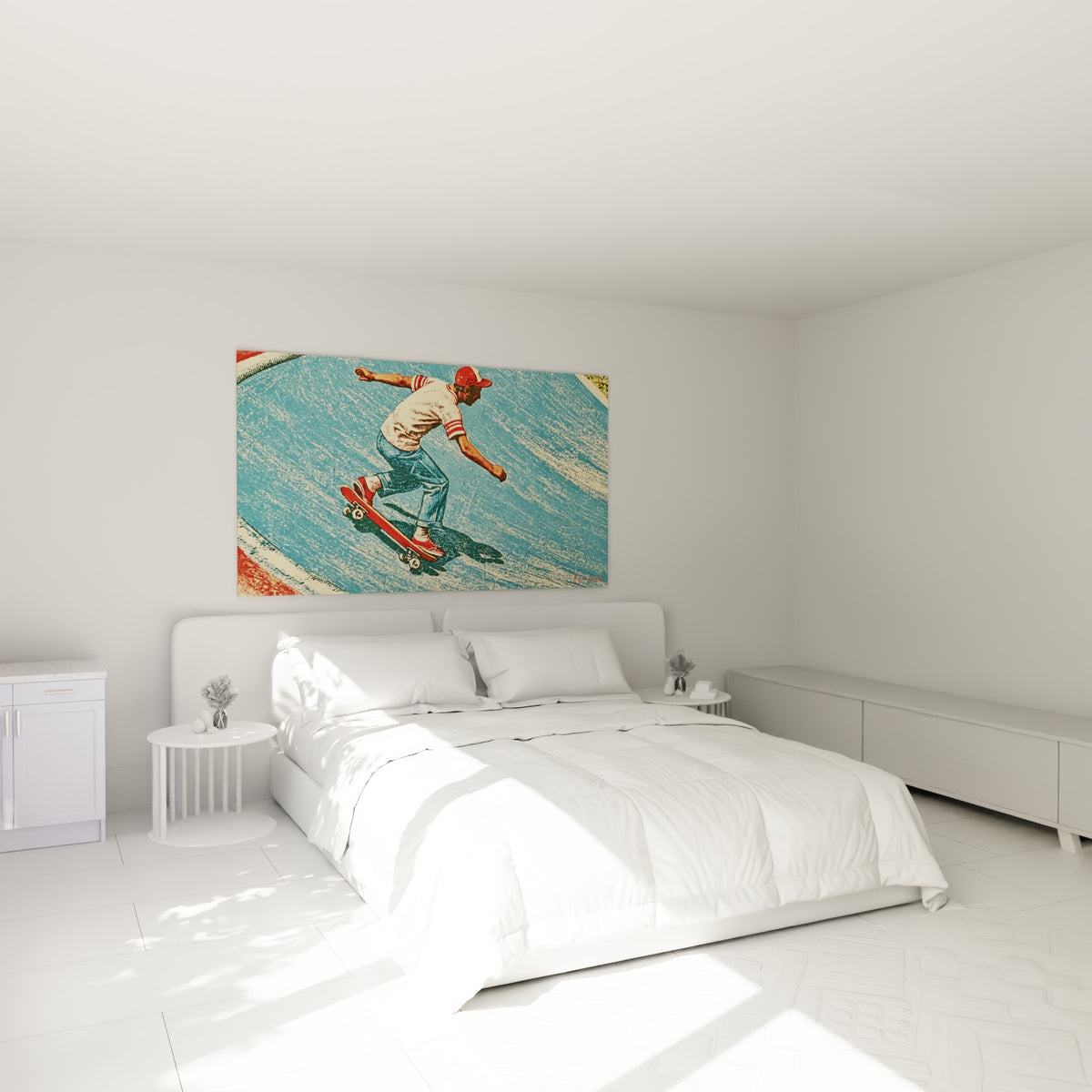 Planche rouge et jean délavé glissant sur béton bleu, accrochée au-dessus d'un lit dans une chambre claire