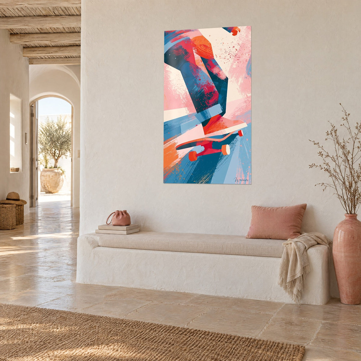 Tableau planche à roulettes orange et rose sur fond bleu pétrole, en vue de trois-quarts, banquette blanche et murs chaulés