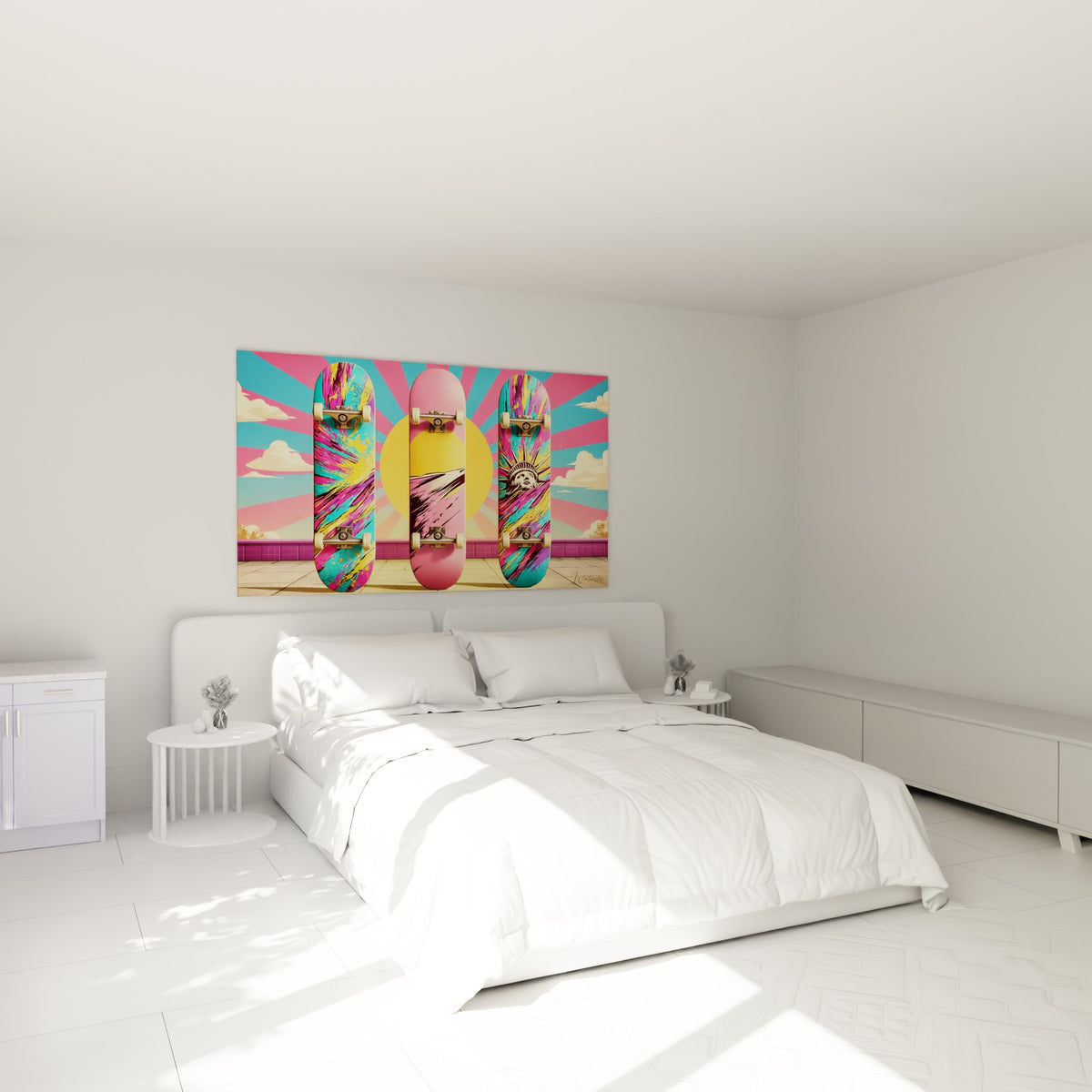 Skateboards colorés en rose turquoise et jaune accrochés au-dessus d'un lit dans une chambre claire