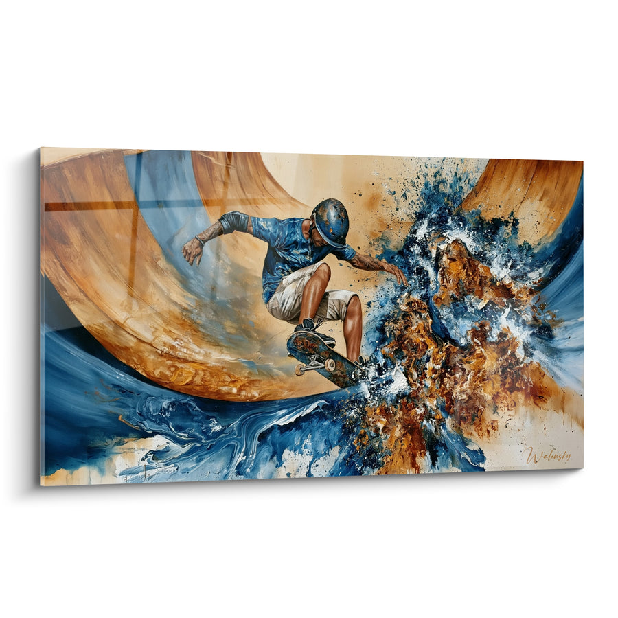 Tableau Skateur casqué bleu et brun sur rampe éclaboussée - Vague picturale déferlante - Edition Skateboard