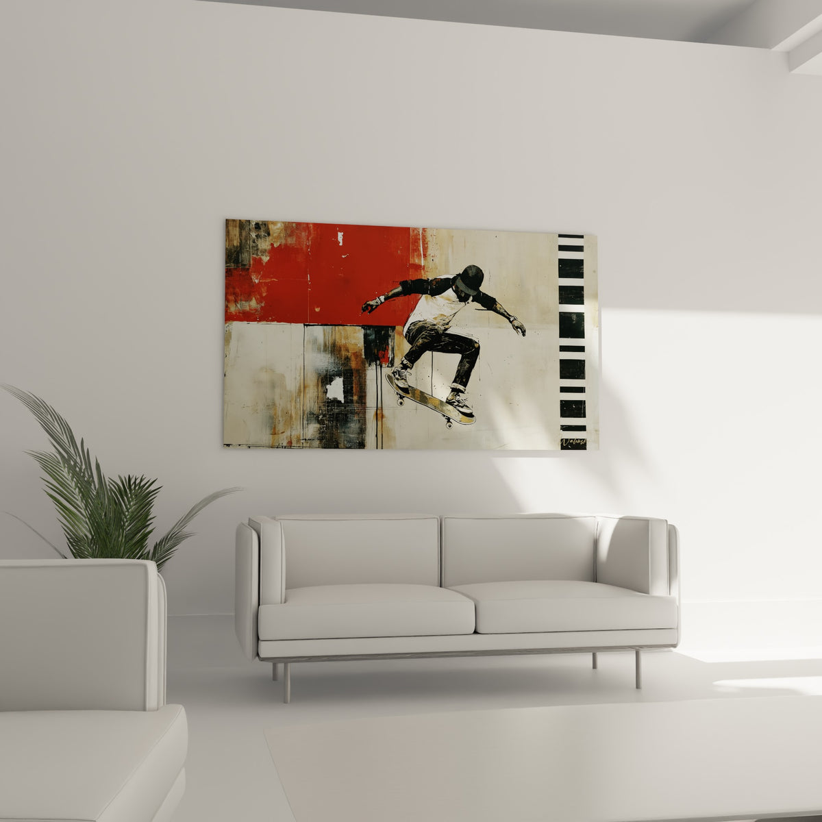 Figure aérienne d'un skateur sur fond rouge et beige au-dessus d'un canapé dans un salon lumineux