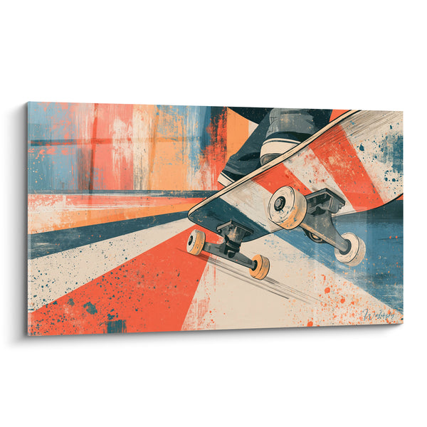Tableau Skateboard cabré aux rayures orange et bleues - Roues jaunes en gros plan - Edition Skateboard