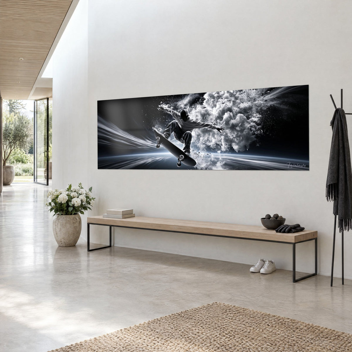 Tableau planche noire en plein saut, fumée blanche et filets de lumière bleutée sur fond noir, mur clair d'un séjour