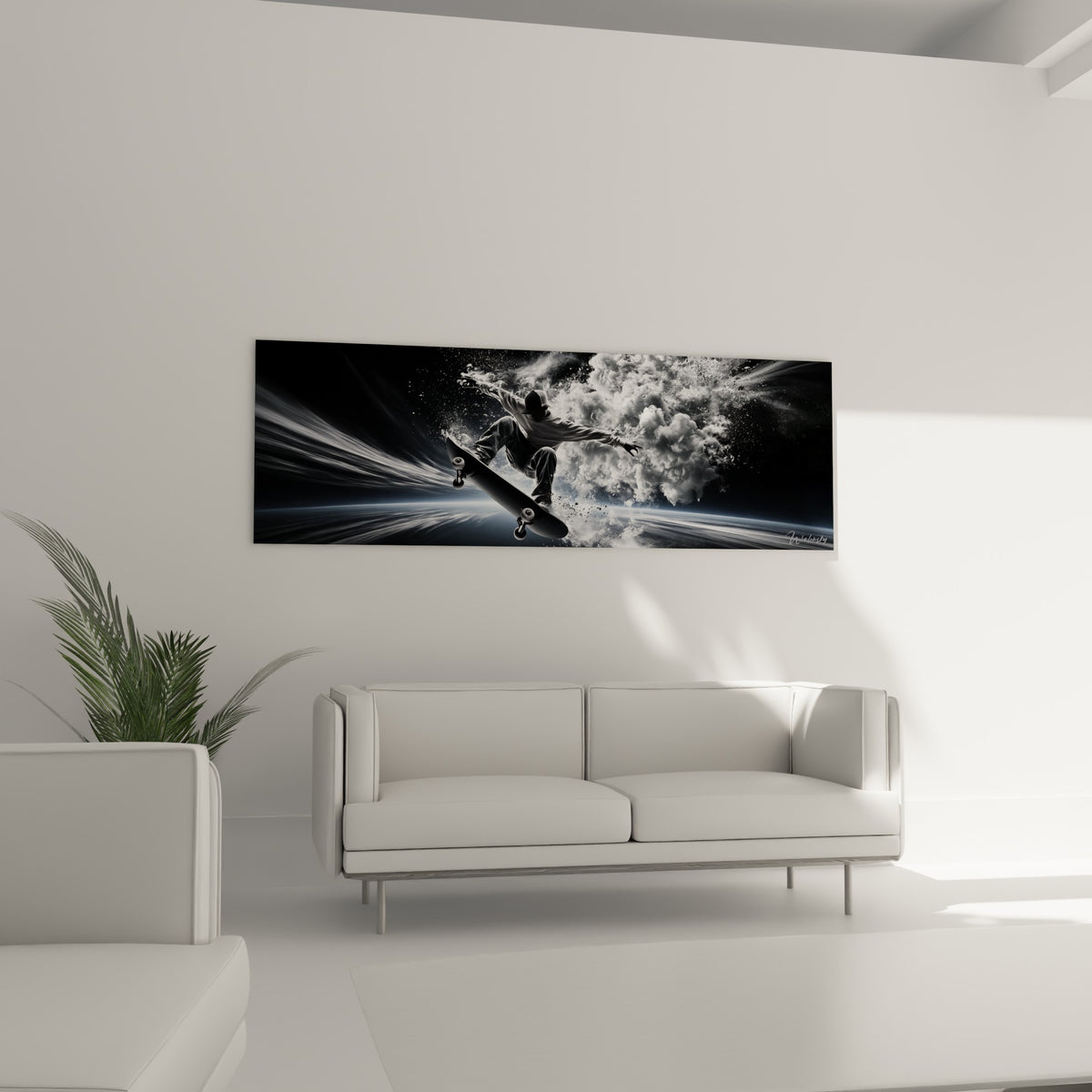 Sauteur en planche noire entouré de fumée blanche vaporeuse, au-dessus d'un canapé dans un salon lumineux